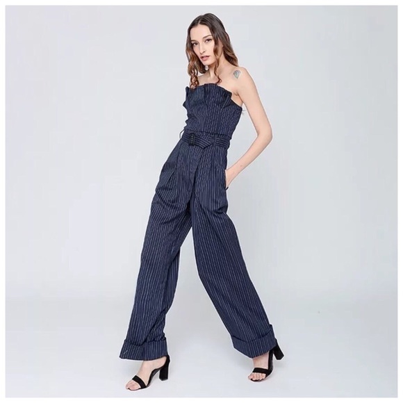 ❤️ Navy Blue Stripe Wide Leg Ruffle Jumpsuit - Picture 2 of 7